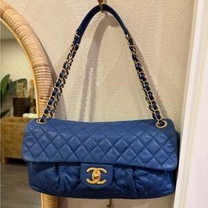 CHANEL East West Quilted Flap Bag in Deep Blue with Gold Hardware